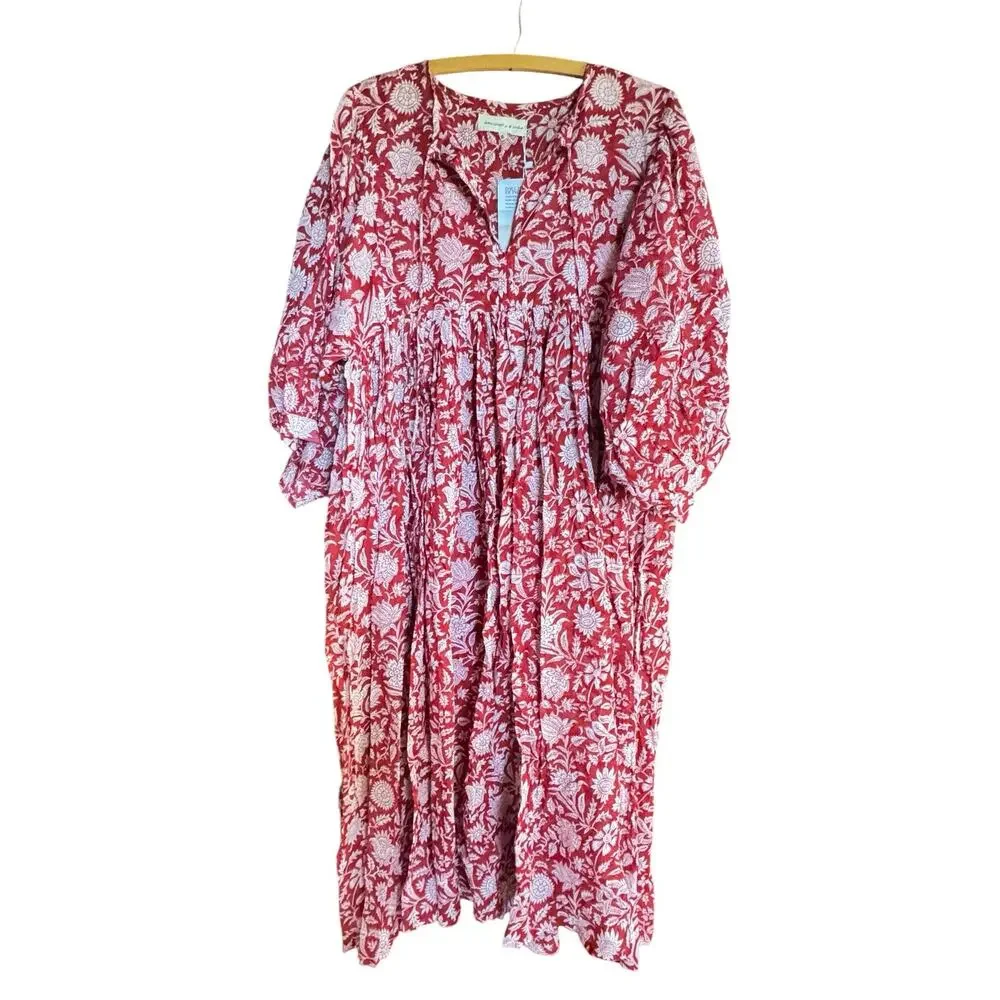 DAUGHTERS OF INDIA NWT Kyra Midi Dress Saffron Red Sz XL Block Print 100% Cotton - Picture 2 of 14